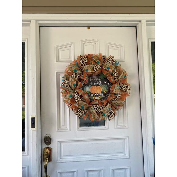 Happy Harvest Thankful Pumpkin Fall Deco Mesh Ribbon Leopard Cheetah Wreath - Picture 7 of 7